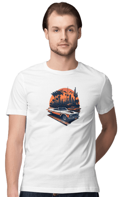 Футболка мужская с принтом Красивая машина на закате. Авто, закат, закат, отклонить, солнце. 2070702