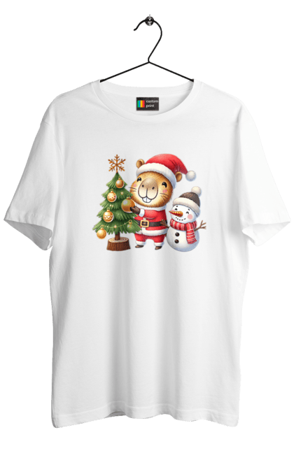 Men's t-shirt with prints Christmas Capybara with a Tree. Animal, capybara, christmas, christmas capybara, christmas tree, gift, holiday, new year, new year`s gift, santa. 2070702