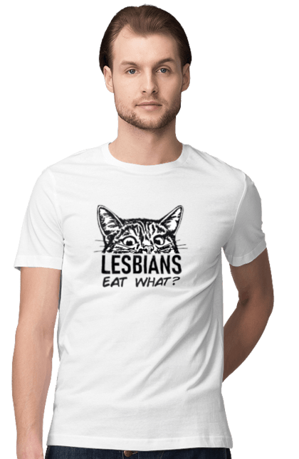 Футболка чоловіча з принтом "Lesbians eat what?". Гумор, котики, лгбт, лесбіянки, приколи, смішні написи. 2070702