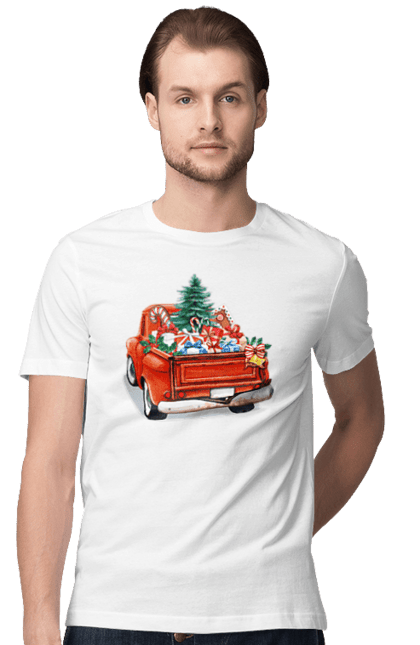Men`s t-shirt with prints Car with gifts. Car, christmas, new year, presents, santa, tree. 2070702