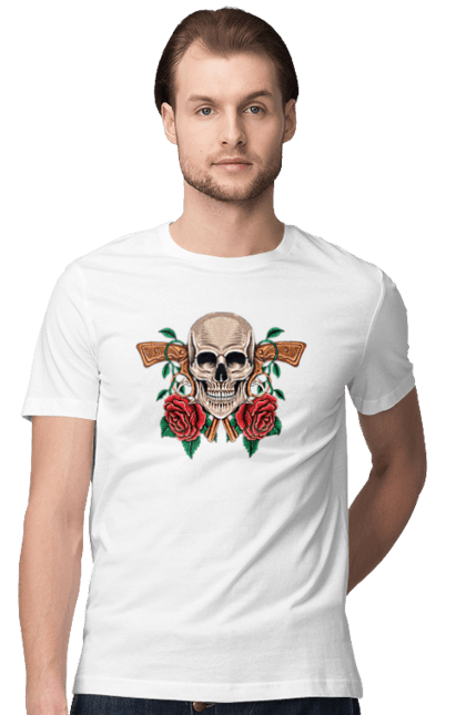 Футболка чоловіча з принтом "Череп з трояндами". Зуби, квіти, кістки, листя, очі, пістолет, троянда, череп, шипи. 2070702