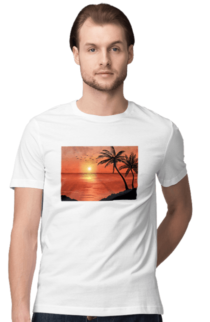 Футболка чоловіча з принтом "Захід Пальми Море". Берег, захід, море, пальми. 2070702