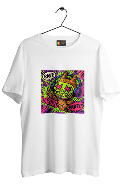 Футболка чоловіча з принтом "Лабубу". Вечірка, вуличне мистецтво, графіті, зоряніочі, коміксстиль, лабубу, навушники, неон, попарт, рейв. 2070702
