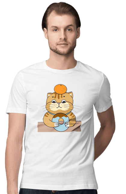 Футболка чоловіча з принтом "Котик з пончиком та мандариною". Їжа, кіт, котик, пончик. futbolka.stylus.ua
