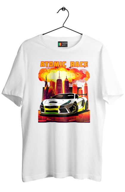 Men`s t-shirt with prints Atomic race. Atomic race, automobile, car, race, racing cars, sport car, sports car. 2070702
