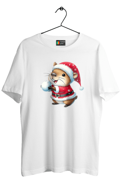 Men's t-shirt with prints Capybara playing snowballs. Animal, capybara, christmas, christmas capybara, game, gift, holiday, new year, santa, snowballs. 2070702