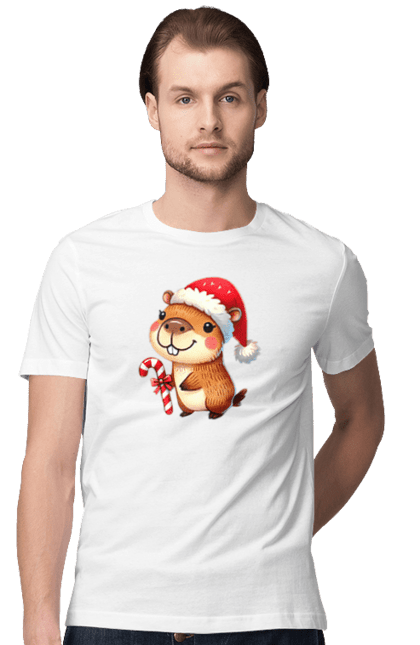 Men's t-shirt with prints Capybara with Christmas Candy. Animal, capybara, christmas, christmas capybara, gift, holiday, lollipop, new year, new year`s gift, santa. 2070702