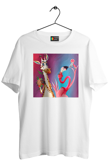 Футболка чоловіча з принтом "Жираф І Фламінго На Вечірці". Жираф, їжа, коктейль, фламінго. 2070702