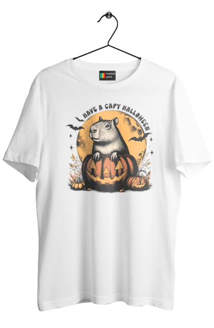 Men's t-shirt with prints Capybara Halloween. Animal, capybara, halloween, holiday, moon, pumpkin, rodent. 2070702