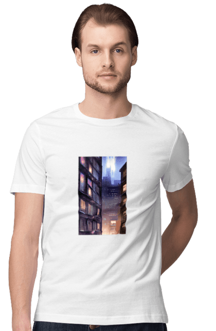 Футболка чоловіча з принтом "Мегаполіс". Будинки, кіберпанк, місто майбутнього, неон, нічне місто, футуристичне зображення. futbolka.stylus.ua