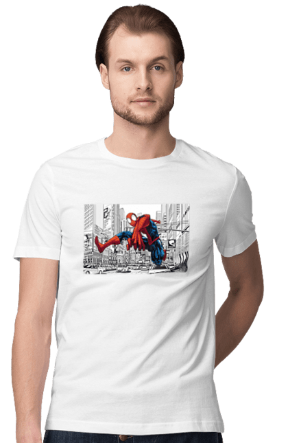 Футболка чоловіча з принтом "Людина павук і біле місто". Герой, людина павук, марвел, місто, павук, павутиння, рятувальник, спайдермен. CustomPrint.market