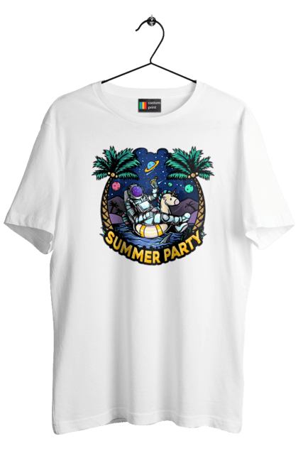 Футболка чоловіча з принтом "Літній Паті З Космонавтом". Космонавт, космос, літо. 2070702