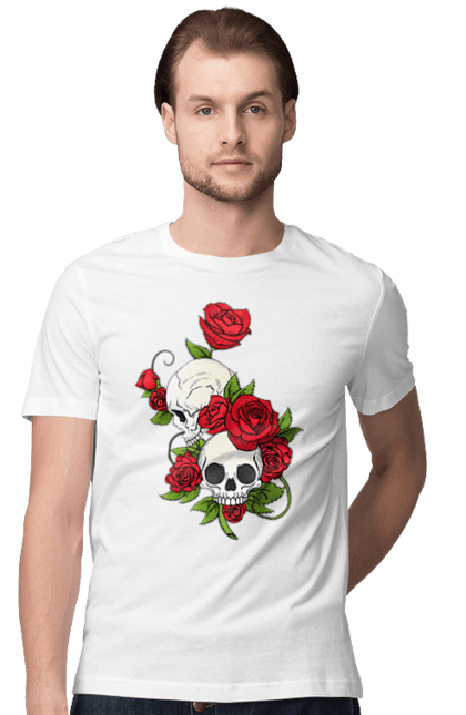 Футболка чоловіча з принтом "Черепа та троянди". Квітка, скелет, смерть, троянда, троянди, череп. CustomPrint.market