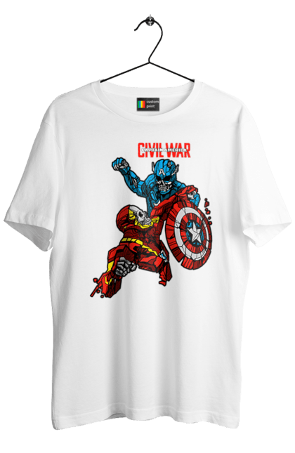 Men's t-shirt with prints Iron Man vs Captain America. Avengers, captain america, civil war, comic, comics, film, iron man, marvel, marvel comics, tony stark. 2070702