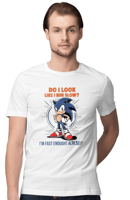 Men's t-shirt with prints Sonic the Hedgehog. Comic, hedgehog, mascot, multisterial, sega, sonic, sonic the hedgehog, video game. 2070702