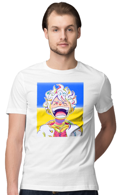 Футболка чоловіча з принтом "Монкі д Луффі сміється на жовто блактному фоні". Ван піс, луффі, монкі д. луффі, прапор україни, символ україни, україна. 2070702