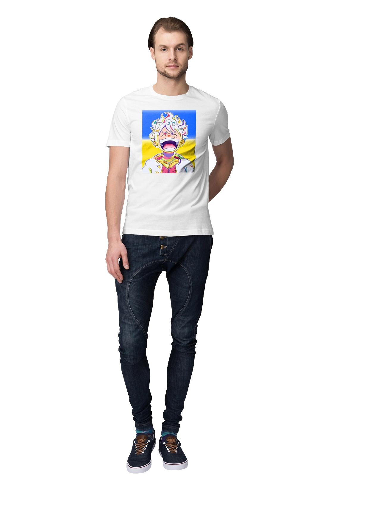 Monkey D Luffy laughing on a yellow blue background