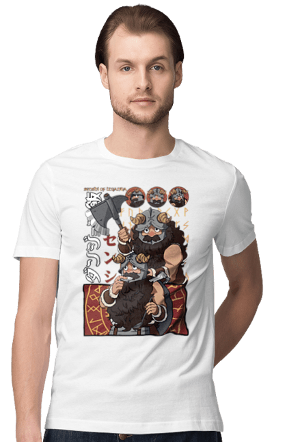 Men's t-shirt with prints Danjon Meshi Senshi. Anime, danjon meshi, dungeon, dwarf, manga, senshi. 2070702