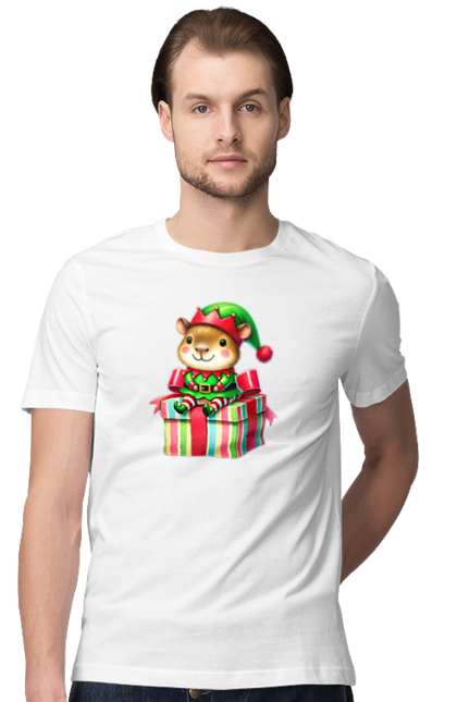 Men's t-shirt with prints Christmas Capybara with a Gift. Animal, capybara, christmas, christmas capybara, christmas elves, gift, holiday, new year, new year`s gift, santa. 2070702