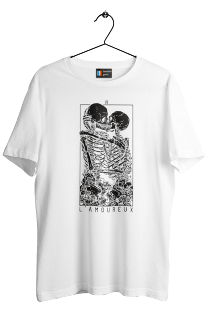 Men's t-shirt with prints Skeletons in love. Bones, kiss, love, scull, skeletons, tarot, teeth. 2070702