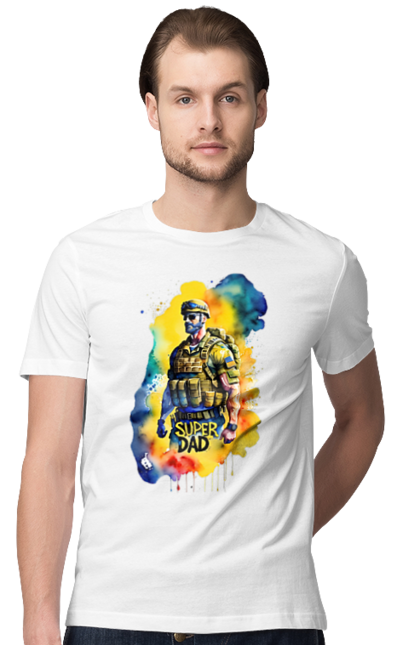 Футболка чоловіча з принтом "Супер тато ЗСУ". День батька, день тата, зсу, люблю тата, супер, супер тато, супер тато зсу, тато, тато зсу, україна. 2070702