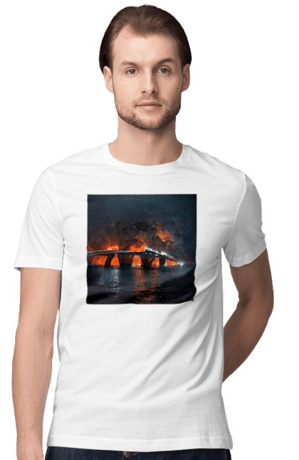 Футболка чоловіча з принтом "Кримський мост горить". Армія росії, армія україни, годить, зсу, крим, мост, удар, удар зсу. 2070702