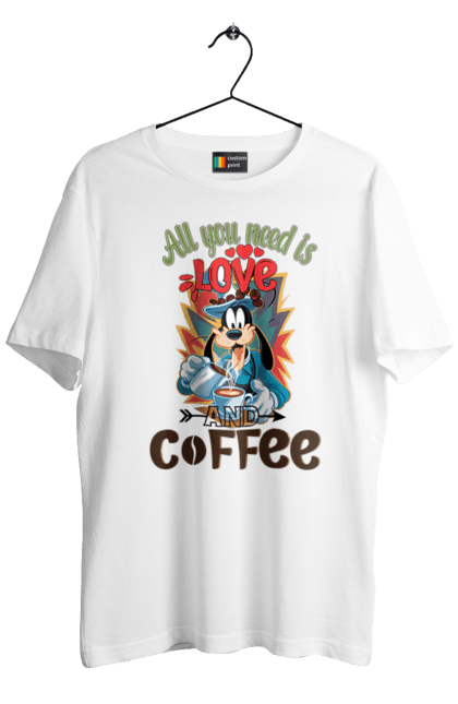 Men's t-shirt with prints Goofy Coffee. Animated series, cartoon, coffee, cup, disney, dog, goofy. 2070702