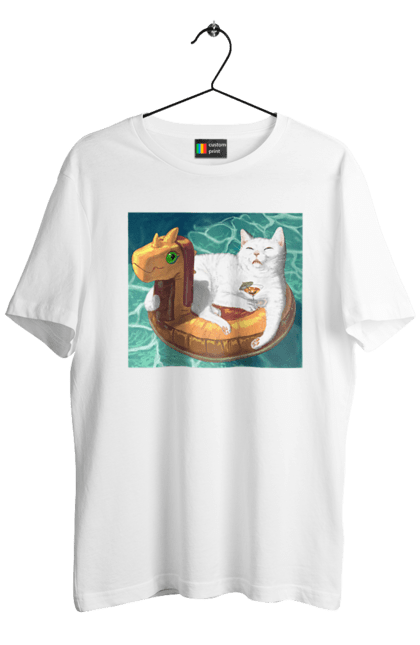 Футболка чоловіча з принтом "Білий кіт у плавальному колі, на відпочинку". Басейн, відпочинок, кіт, коктейль, море, плавальний круг. 2070702