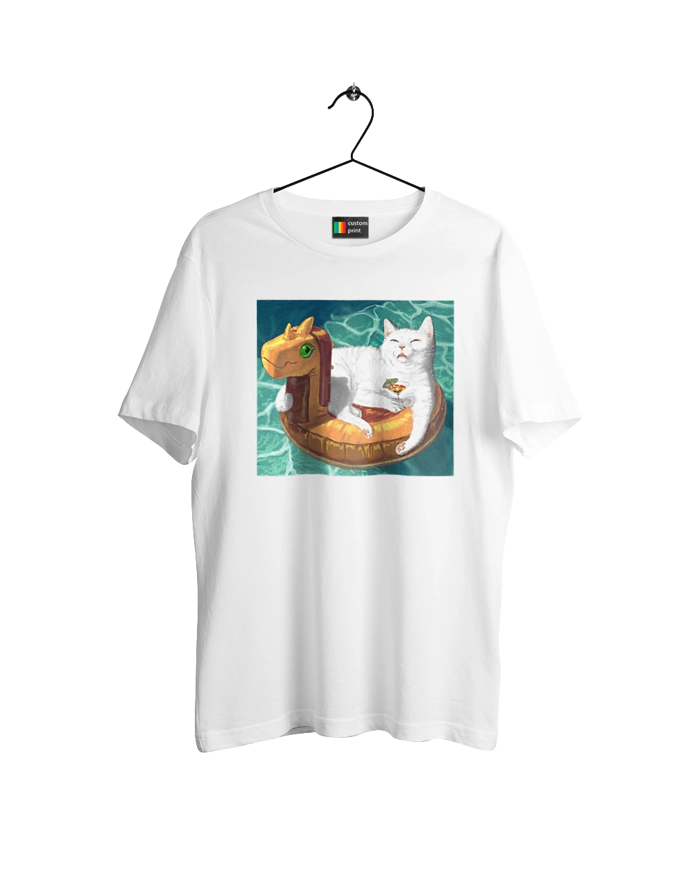 Белый кот в плавательном кругу, на отдыхе