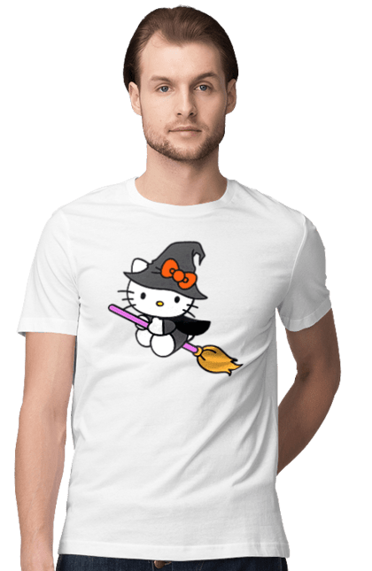 Футболка мужская с принтом Хелло Китти Хэллоуин. Halloween, hello kitty, witch, бренд, ведьма, кот, котенок, персонаж, хелло китти, хэллоуин. 2070702