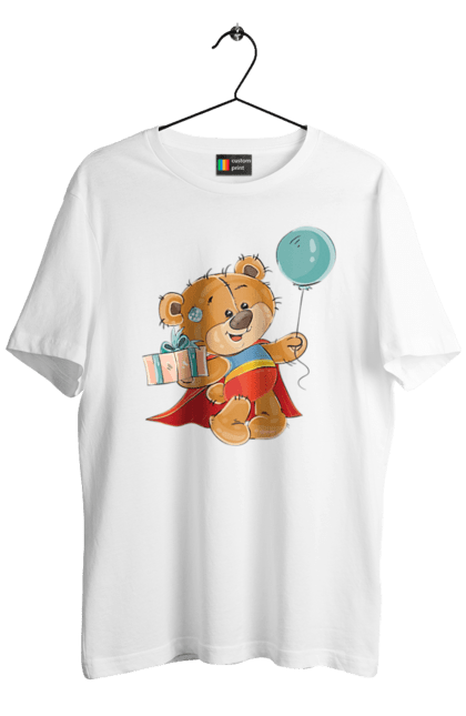 Men's t-shirt with prints Teddy bear with a ball. Balloon, bear cub, cloak, gift, superman. CustomPrint.market
