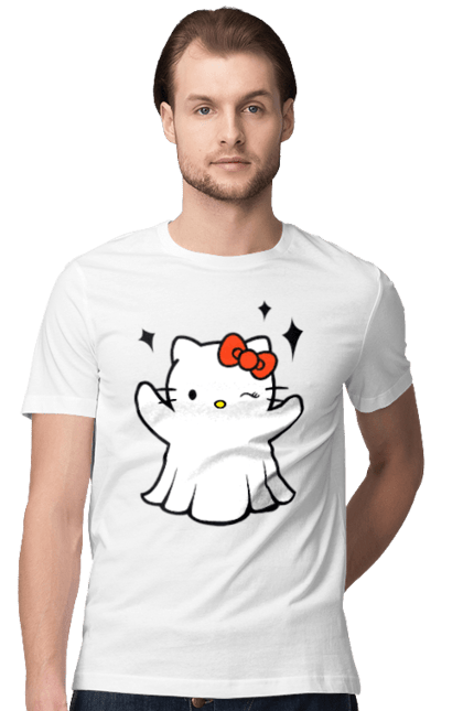 Men's t-shirt with prints Hello Kitty Halloween. Brand, cat, character, ghost, halloween, hello kitty, kitten, kitty. 2070702