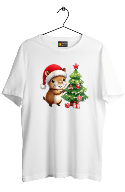 Men's t-shirt with prints Christmas Capybara with a Tree. Animal, capybara, christmas, christmas capybara, christmas tree, gift, holiday, new year, new year`s gift, santa. 2070702