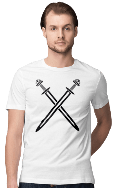 Men's t-shirt with prints Two crossed swords. Crossed swords, sword, swords, vikings, weapon. CustomPrint.market
