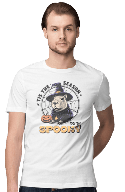 Men's t-shirt with prints Capybara Halloween. Animal, capybara, ghost, halloween, holiday, moon, pumpkin, rodent, witch. 2070702