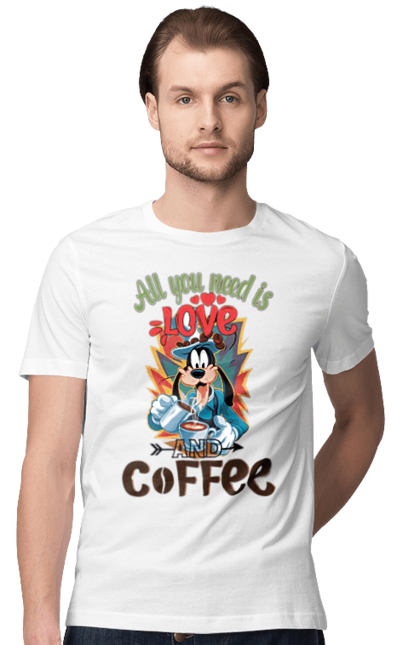 Men's t-shirt with prints Goofy Coffee. Animated series, cartoon, coffee, cup, disney, dog, goofy. 2070702