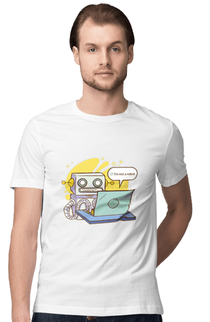 Футболка чоловіча з принтом "Я не робот Хакер зрозуміє 404 до дня програміста". 404, aws, backend, c++, cloud, css, frontend, golang, java, js, linux, python, script, web, ай ті, айті, айтішник, верстка, дата, код, компьютер, лаптоп, облако, ошибка, програміст, программа, программист, програмування, робот, хакер, язык. 2070702