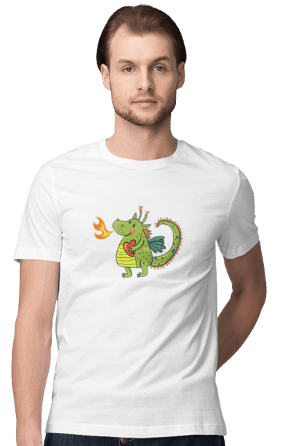Men's t-shirt with prints Dragon in love. Dragon, fire, green dragon, heart, hearts, love, new year, symbol 2024. 2070702