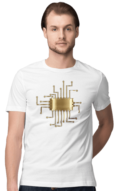 Men`s t-shirt with prints Golden Chip. Chip, code, comp, computer, crystal, cybernetics, developer, engineer, geek, gold, golden, it, it specialist, profession, programmer. 2070702