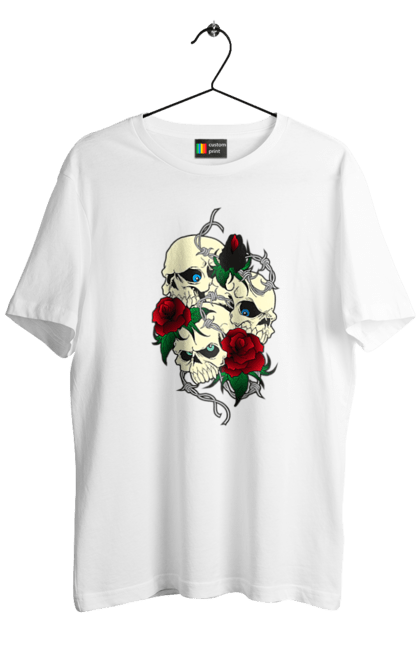 Футболка чоловіча з принтом "Черепа з трояндами". Зуби, квіти, кістки, листя, очі, троянда, троянди, череп, шипи. 2070702