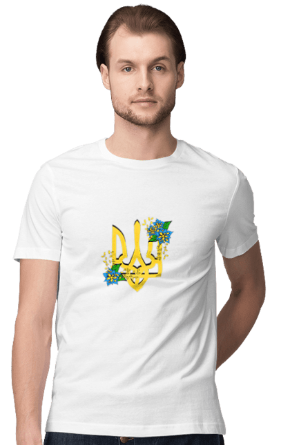 Футболка чоловіча з принтом "Український герб з квітами". Герб, герб україни, для жінок, квіти, сине жовтий. ART принт на футболках