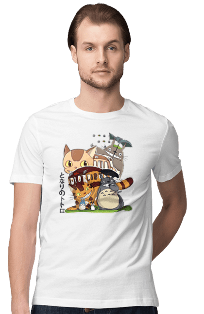 Men's t-shirt with prints Totoro. Adventures, anime, comedy drama, fantasy, film, my neighbor totoro, tv series. 2070702