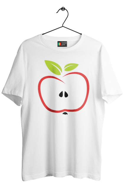 Футболка чоловіча з принтом "Яблуко". В розрізі, веган, вегетаріанець, делікатес, дієта, їжа, листя, літо, плід, половина, половинка, смачно, стигле, урожай, червоне, яблуко, яблучко. ART принт на футболках