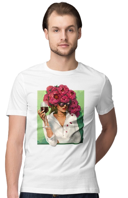 Girl with peonies and a glass