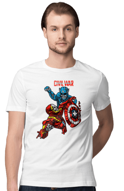 Men's t-shirt with prints Iron Man vs Captain America. Avengers, captain america, civil war, comic, comics, film, iron man, marvel, marvel comics, tony stark. 2070702