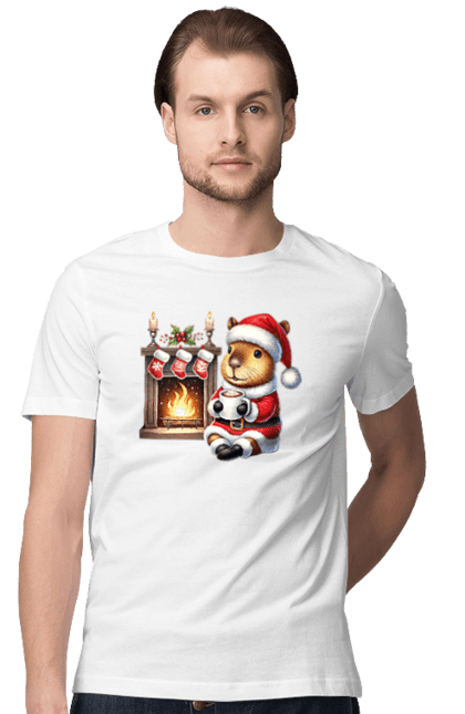 Men's t-shirt with prints Capybara by the fireplace with hot chocolate. Animal, capybara, christmas, christmas capybara, fireplace, gift, holiday, hot chocolate, new year, santa. 2070702