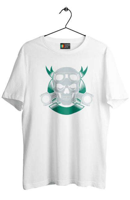 Футболка чоловіча з принтом "череп мотолюбитель". Байк, мото, окуляри, череп. 2070702