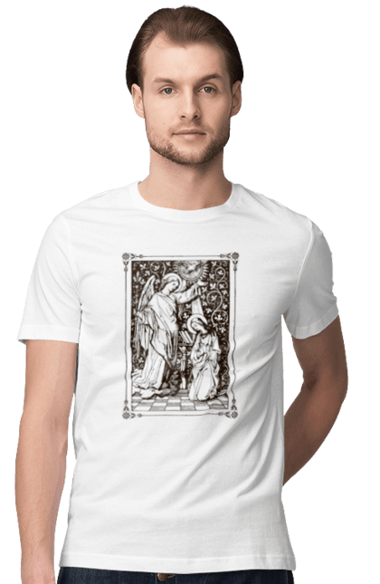 Футболка чоловіча з принтом "Благовіщення Пресвятої Богородиці. Гравюра". Архангел гавриїл, біблія, благовіщення, богородиця, віра, діва марія, євангеліє, ісус христос, релігія, християнство. KRUTO.  Магазин популярних футболок