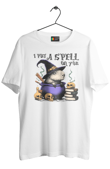 Men's t-shirt with prints Capybara Halloween. Animal, capybara, ghost, halloween, holiday, moon, pumpkin, rodent, witch. 2070702