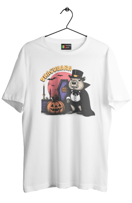 Men's t-shirt with prints Capybara Halloween. Animal, capybara, ghost, halloween, holiday, moon, pumpkin, rodent, vampire. 2070702